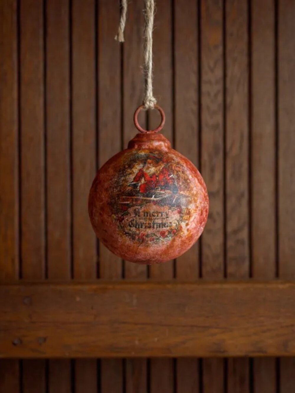 Merry Christmas Santa Metal Red Ball Ornament 4" NEW
